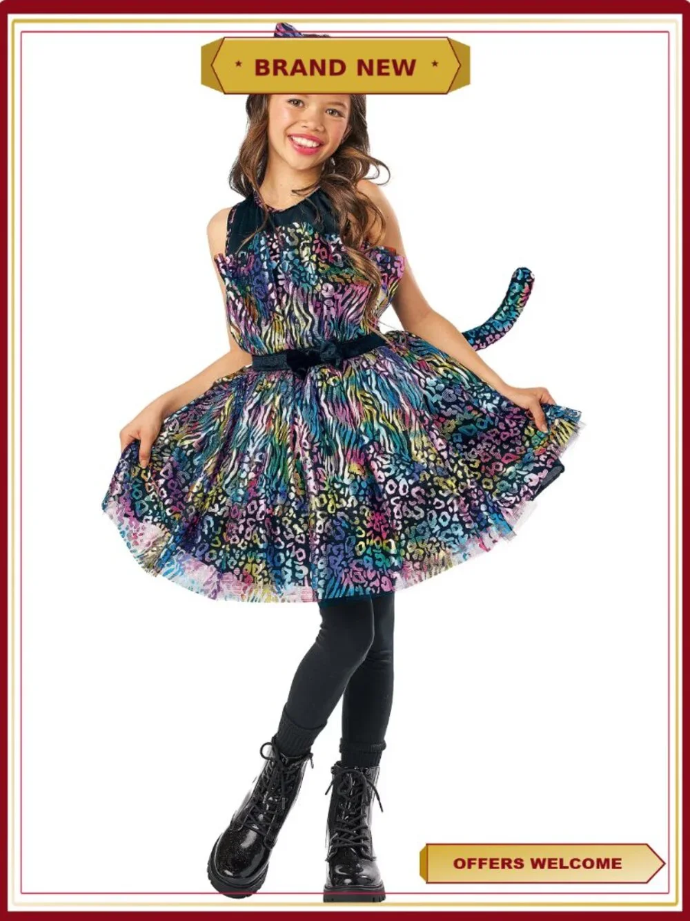 Girls Fluffy Kitty Halloween Costume Size 6-6X Leopard Spots Headband Tail